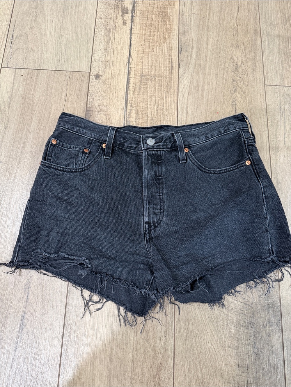 Levi’s Black Distressed High-Rise Denim Shorts